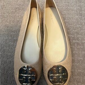 Tory Burch Nude Quilted Flats with Silver Logo